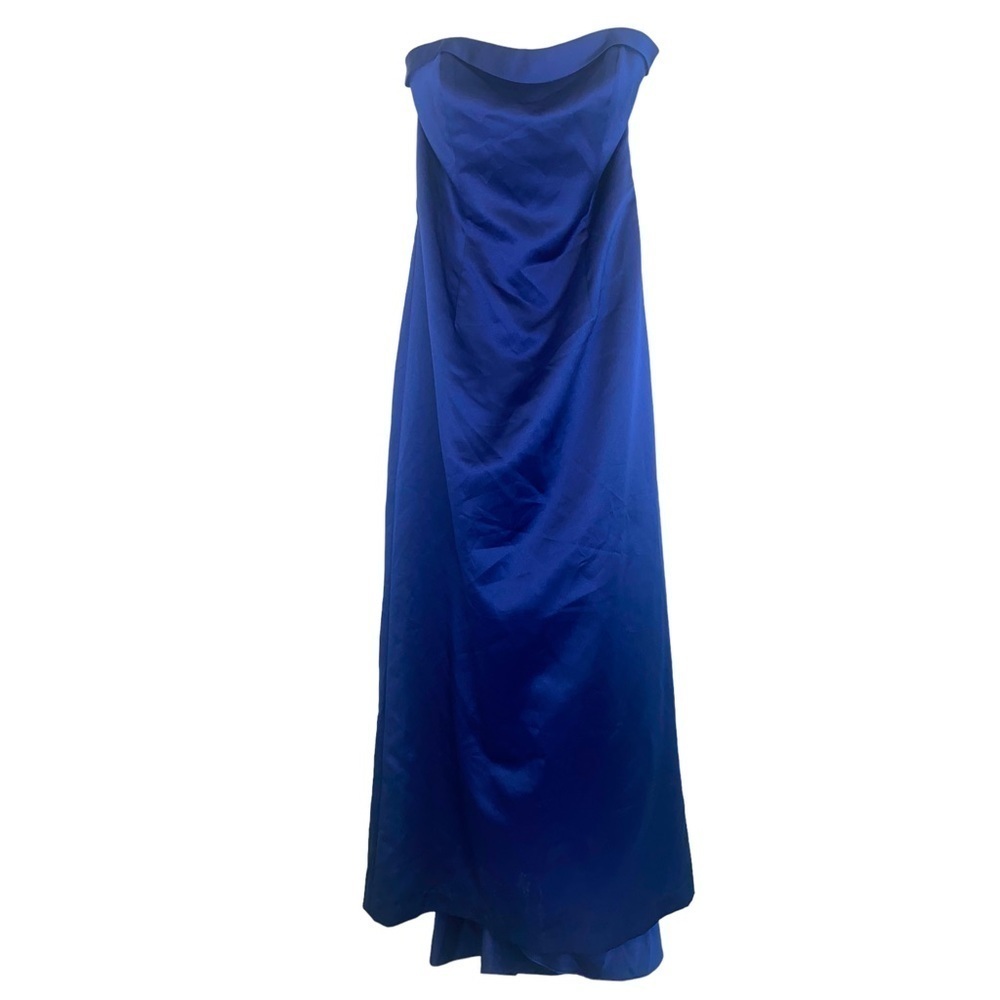 David's Bridal Strapless A line Royal Blue Cascading Train Maxi Dress - Picture 4 of 12